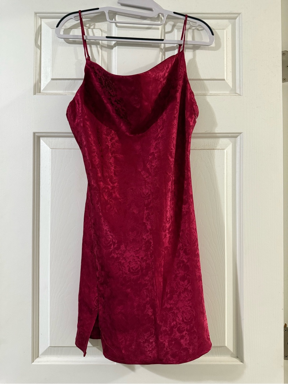 Cotton candy la -floral jacquard slip styles with a cowl neckline and side slit